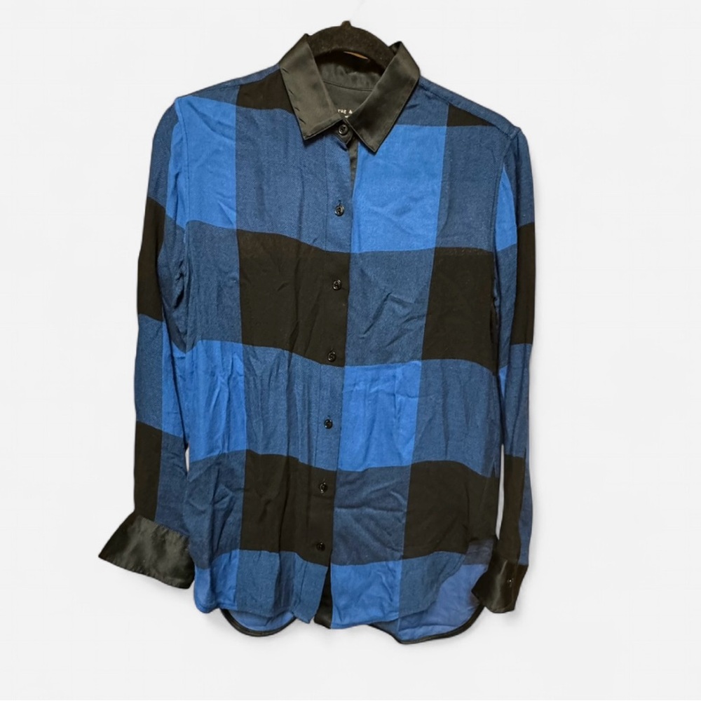 rag & bone Blue and Black Plaid Button Up with Silk Cuffs/Collar - Picture 2 of 8